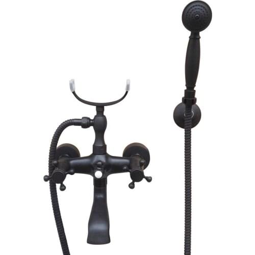 Black Oil Rubbed Brass Double Cross Handles Wall Mounted Claw Foot Bathroom Tub Faucet Mixer Tap With Handshower mtf608