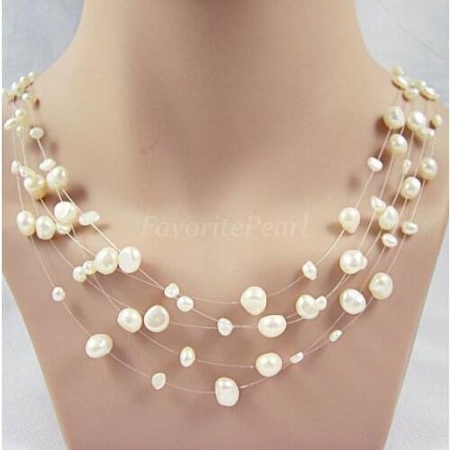 Favorite Pearl Necklace 5 Strands 17-18 inches 4-8mm White Natural Freshwater Pearl Fish Line Necklace Handmade Fine Jewelry
