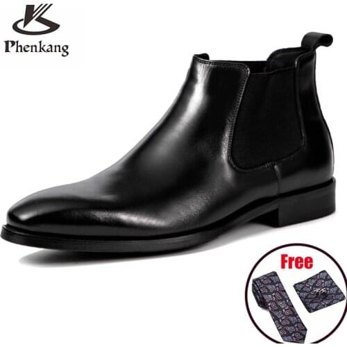 Men winter Boots Genuine cow leather chelsea boots brogue casual ankle flat shoes Comfortable quality slipon dress boots 2020