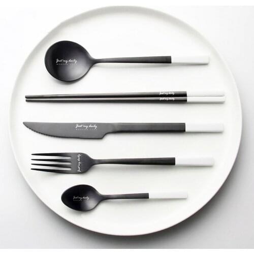 Nordic Stainless Steel Cutlery Set Black and White Western Tableware Knife Fork Spoon Set Chopsticks Creative Silverware Set