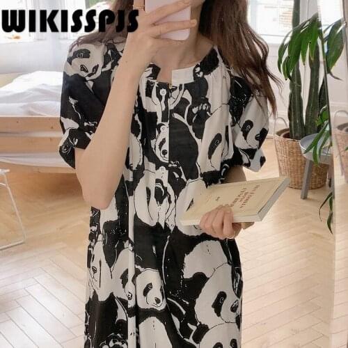 2021 Summer New Japanese and Korean Cartoon Panda Printed Home Clothes Cute Loose Short Sleeve Girls' Nightdress Women Nightgown