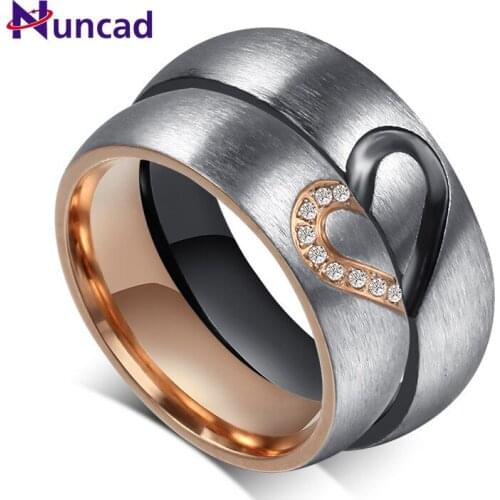 NUNCAD Classic Stainless Steel Couple Rings Romantic Heart Shaped Rose Gold Black Crystal Rings for Women Men Wholesale