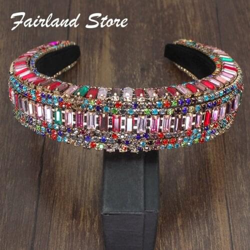 Fairland Colorful Luxury Baroque Headband Shiny Handmade Full Rice Sparkly Crystal Rhinestone Hairband Women Party