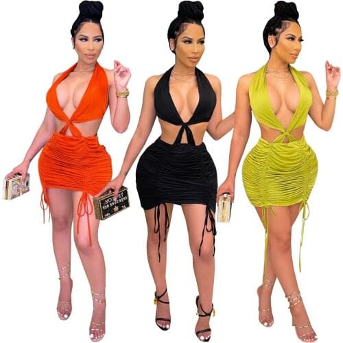 Sexy Women Dress Pleated Backless Hollow Out Mini Dress Solid Color Party Night Clubwear Summer Clothes For Women Vestidos