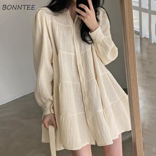Long Sleeve Dress Women Ins Ulzzang Spring Lovely Solid A-line Ruffles Korean Apricot Fashion Retro Turn-down Collar Ins Clothes