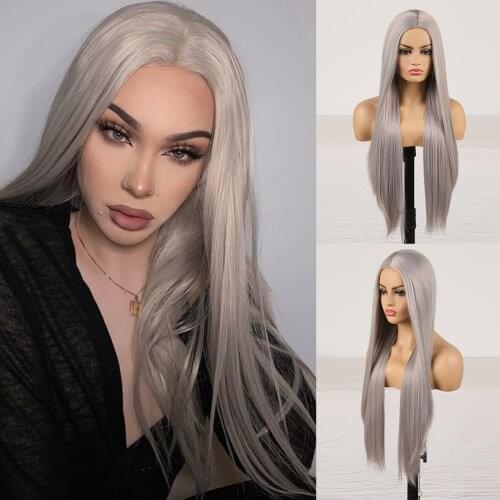 Silky Straight Wigs Gray Hair Color Cosplay Wig for Women Girls Full Machine Made Synthetic Wig Middle Part