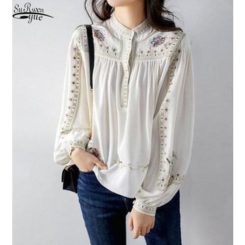 Stand Collar Floral Embroidery Chiffon Blusas Vintage Elegant Lady Shirt Korean Chic Luxury Spring Women Gorgeous Blouse 13835
