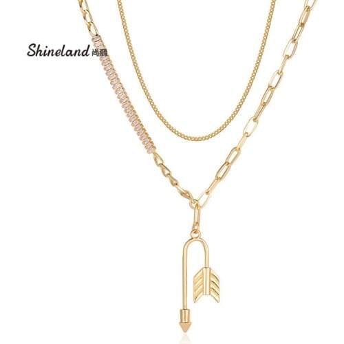 Shineland Trendy Zircon Gold Color Twisted Arrow Pendant For Woman Alloy Double Layer Chain Necklace Party Fashion Gift New