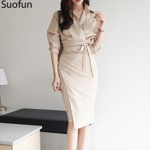 Suofun V-Neck Long Sleeve Womens Wear 2021 Fashion Dressing Elegant Spring Autumn Retro Office Style Womens Knee-length Dress