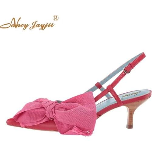 Nancyjayjii Pink Kitten Heels Slingback Bow Pumps Butterfly Knot Thin Back Buckle Strap Pointed Toe Sweet Dress Shoes 2019