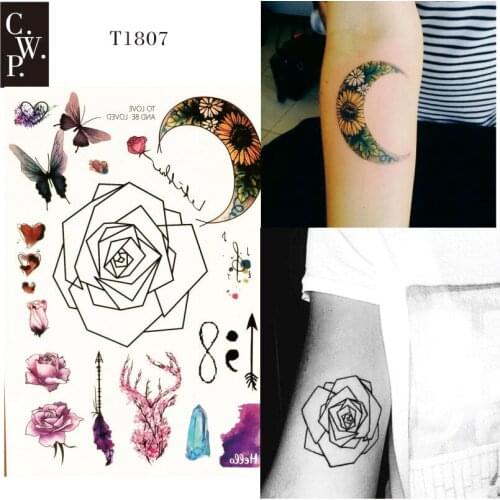T1807 1 Piece Flower Rose Temporary Tattoo with Flora Moon, Butterfly, Deer, Crystal Pattern body paint Tattoos