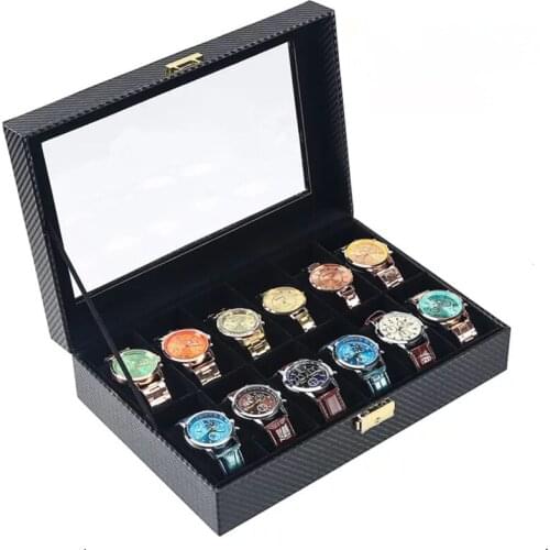12 Slots Carbon Fiber Watch Storage Box With Lock Black PU Leather Watch Display Case Mechanical Watch Storage Boxes W029