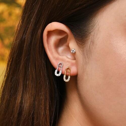 Punk Geometric Gold/Silver Color Safety Pin Stud Earrings Fashion CZ Crystal Small Earrings for Women Trendy Party Jewelry 2021
