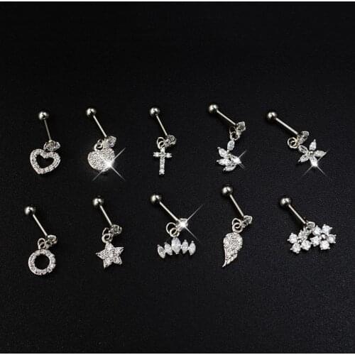 1Pcs Stainless Steel Heart Cross Flower Crown Cartilage Piercing Helix Jewelry Tragus Conch Rook Earlobe Screw Back Stud Earring