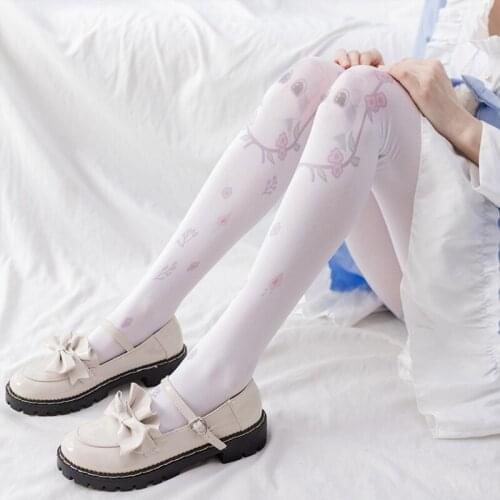 Japanese Style Lolita White Pantyhose Lovely Fairy Tale Cartoon Cat Rabbit Girls Pattern Kawaii Tights Women Girls Student Au09
