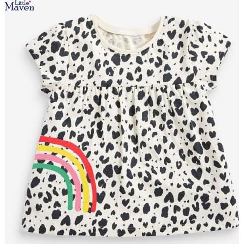 Little Maven New Summer Kids White Spots Rainbow Applique Printed O-neck Short-sleeved Cotton Knitted Girls Casual Tshirts Tops