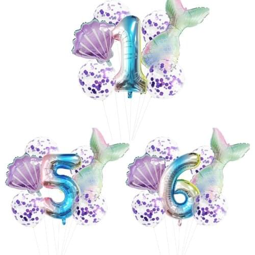 Girls Birthday Mermaid Themed Party Balloons 0 1 2 3 4 5 6 7 8 9 Number Foil Blue Green Latex Balloon Birthday Party Decorations