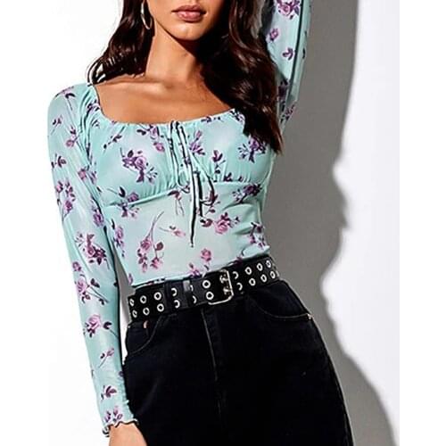 Women Square Neck Leopard Marguerite Print Long Sleeve Bandage Crop Top Blouse