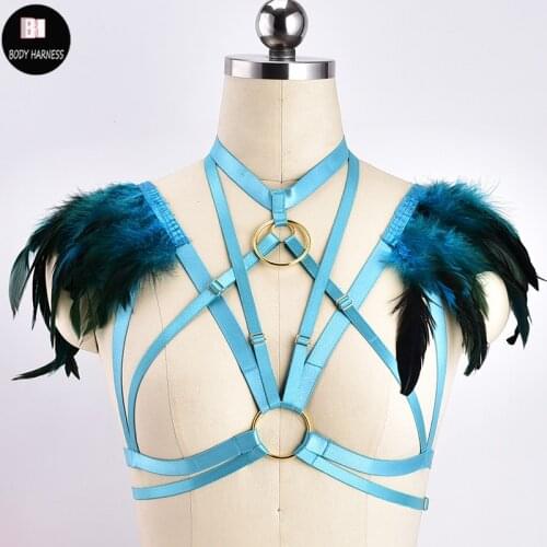 Blue Angel Wing Crop Tops Bondage Cage Bra Goth Feather Epaulettes Body Harness Fetish Burlesque Shoulders Sexy Feather Harness