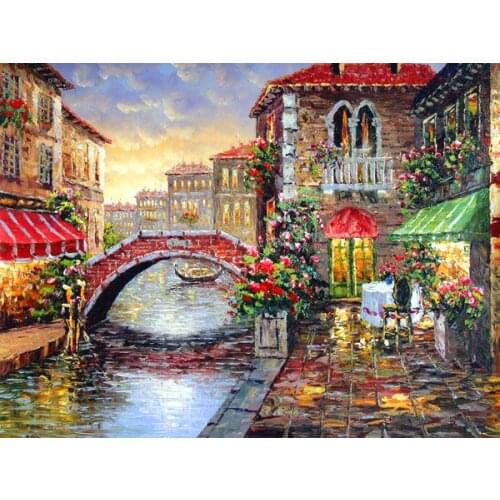 Oil painting Town Riverside bridge Art Needlework 14CT Canvas Unprinted Handmade Embroidery Cross Stitch Kits DIY Home Decor