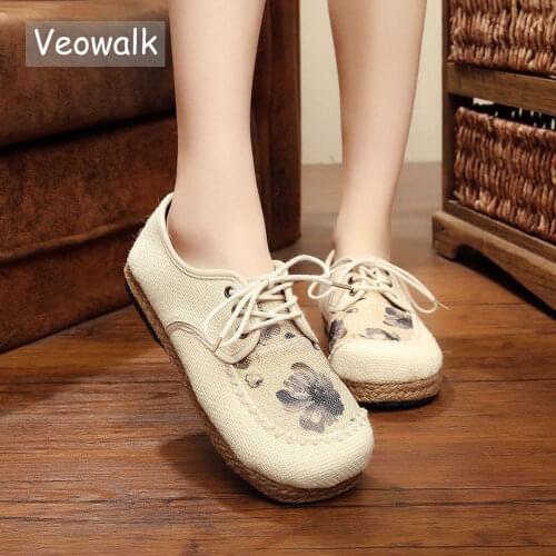 Veowalk Ink Wash Painting Womens Linen Cotton Sneakers Comfortable Low Top Lace up Flat Shoes Ladies Breathable Walking Flats