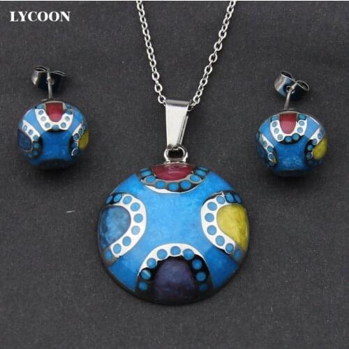 LYCOON newest stainless steel half ball shape with blue resin pendant necklace enamel earrings jewelry set for women LYS007