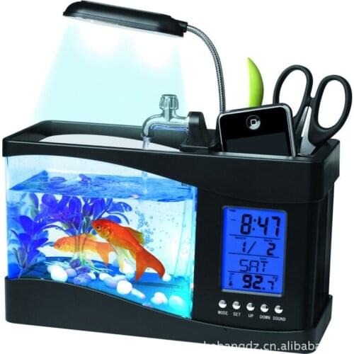 USB Small Fry Tank Mini Aquarium with LED Light LCD Display Clock Perpetual Calendar Fish Tank Decoration with Running Water