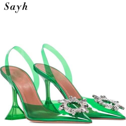Fashion Women Shiny Rinestones PVC Sandals Retro Pumps Pointy Toe Slingbacks Stilettos High-Heel Sandals Party Shoes