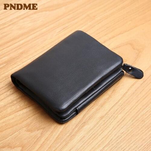 PNDME simple casual genuine leather mens small wallet fashion retro real cowhide three fold large capacity womens coin purse