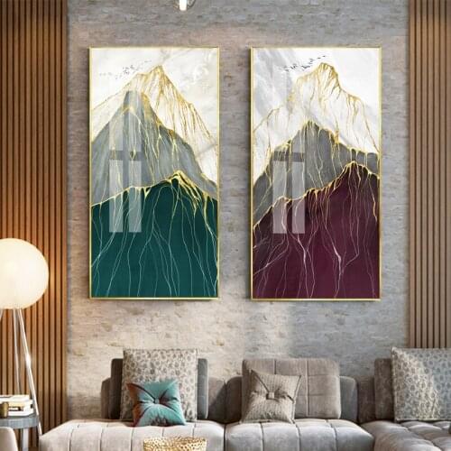 New Chinese Style Art Picture Gold-Plated Abstract Ink Mountain Green Poster Print Modern Canvas Painting for Living Room Decor