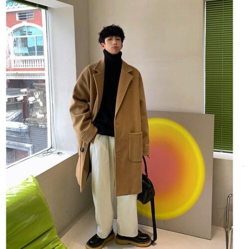 Pure Color Mens Woolen Coat Korean Casual Woolen Coat Mens Fashion Loose Long Woolen Coat Mens Streetwear Retro Jacket
