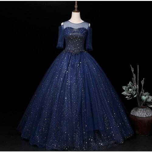 Short Sleeve O-neck Quinceanera Dresses Appliques Crystal 2021 Navy Blue Sweet 16 Dress Pageant For Women Puffy Ball Gown платье