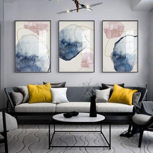 Nordic Modern Blue Watercolor Art Wall Canvas Paintings Abstract Unique Golden lines Posters For Living Room Bedroom Decor