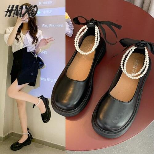 HMXO Mary Jane Pearl Pumps Female Fairy Gentle French Loafers Solid Color Round Toe Thick Sole All-match Mary Jane Single Shoes