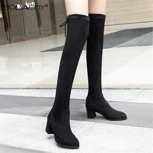 2021 Sexy Round toe Over The Knee Women Boots Stretch Flock High Heel Women Shoes Autumn Winter Fashion Boots Size 34-43 Black
