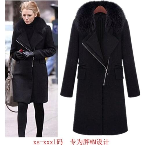 Autumn Winter Women New Temperament Cashmere Coat Ladies Fashion Imitation Fox Fur Collar Long Zipper Plus Size Wool Blend Coats