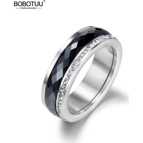 BOBOTUU Classic Titanium Steel Black Ceramics Rings Jewelry Gold Color Cubic Zirconia Wedding Engagement Ring For Women BR18013