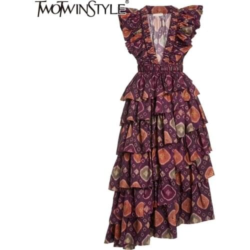 TWOTWINSTYLE Elegant Elegant Print Dresses Fenake V Neck Butterfly Short Sleeve High Waist Cascading Ruffles Summer Dress Women
