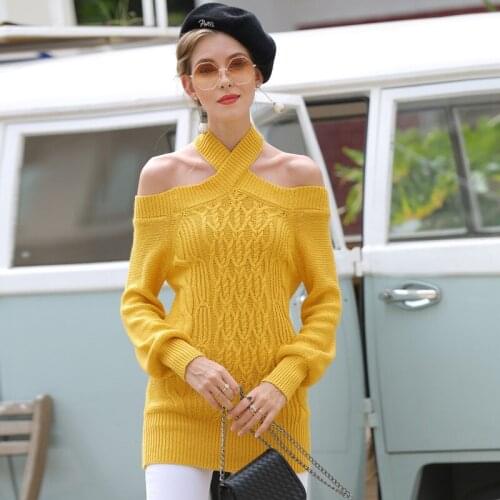 2021 European and American style single collar sexy knitted dress Slim lantern sleeve mid-length sweater