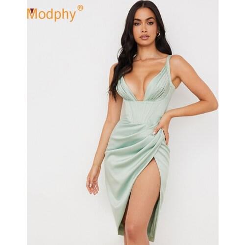 2021 Summer New Deep V neck Elegant Party Dress Women Sleeveless Pleated Dress Female Fashion Evening Vestidos