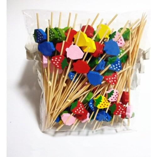 100Pcs 12cm Orange Pineapple Fruit Sign Cocktail Dessert Fork Wooden Fruit Appetizers Toothpick Beads Fruit Wood Toothpick