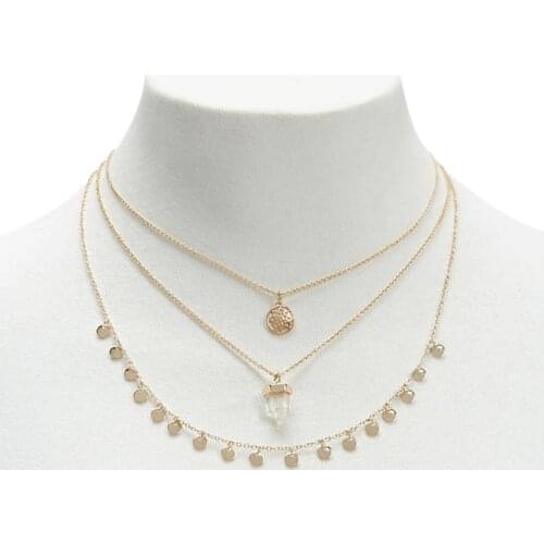 3PC/Set Fashion Boho Womens Simple Chain Multilayer Necklace Natural Stone Round Pendant Sequins Tassel Necklaces Jewelry Xl289