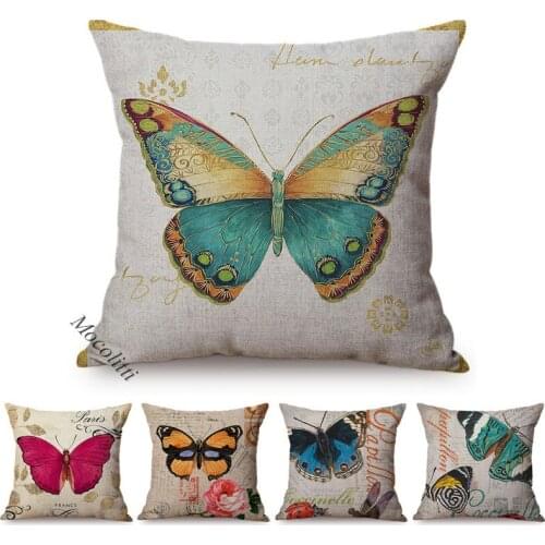 Beautiful Butterfly Vintage Postcard Style Pillows Case Bohemian Home Decoration Sofa Square Cushions Cover Linen Car Kussenhoes