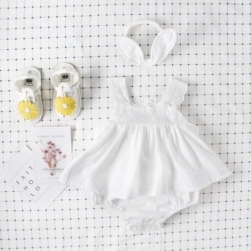 Infant Baby Girls Pure White Butterfly Sleeve Lace Dress with Headband Cotton for 0-3 T