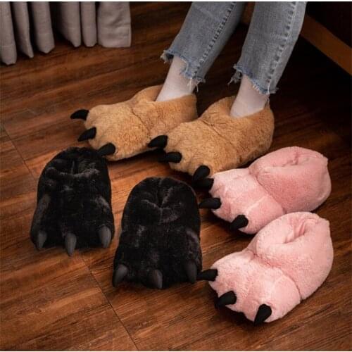 Winter Cartoon Bear Claw Shoes Pink Warm Non-Slip Home Suede Round Cotton Slippers Unisex Couple Floor Shoes Funny Slides