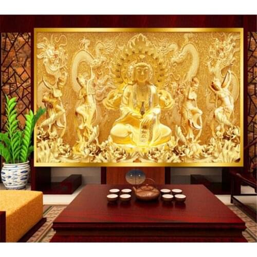 Beibehang Guanyin Bodhisattva Gold Relief TV Backdrop Customized Large Mural Nonwovens Green Wallpaper papel de parede