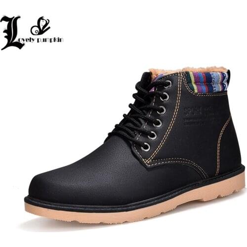 Fashion Men Boots Plush Fur Warm Waterproof Male Winter Boots Lace Up Male Winter Boots Flat Leather Tactical Boot LP127