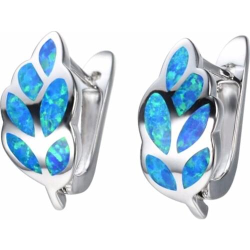 Fashion Leaves Women Earrings 925 Sterling Silver White/Blue Fire Opal Clip Earrings Jewelry