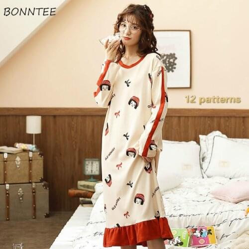 Nightgowns Women Oversized Lovely Girls Homewear Soft Ruffles Print Long Sleeve Sweet Students Night Wear 3XL Tender Mujer Cute