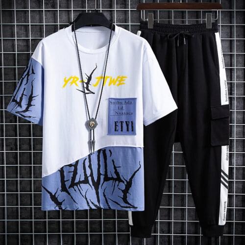 2020 new Mens Set Hip-hop Streetwear outwear two Piece Set T-shirt and Ankle-length fashion Pant Clothes size M-3XL